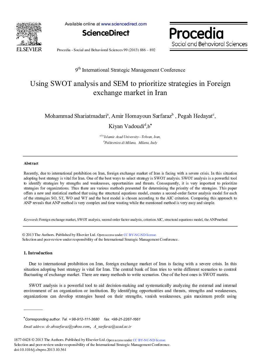 Using SWOT Analysis and Sem to Prioritize Strategies in Foreign Exchange Market in Iran 