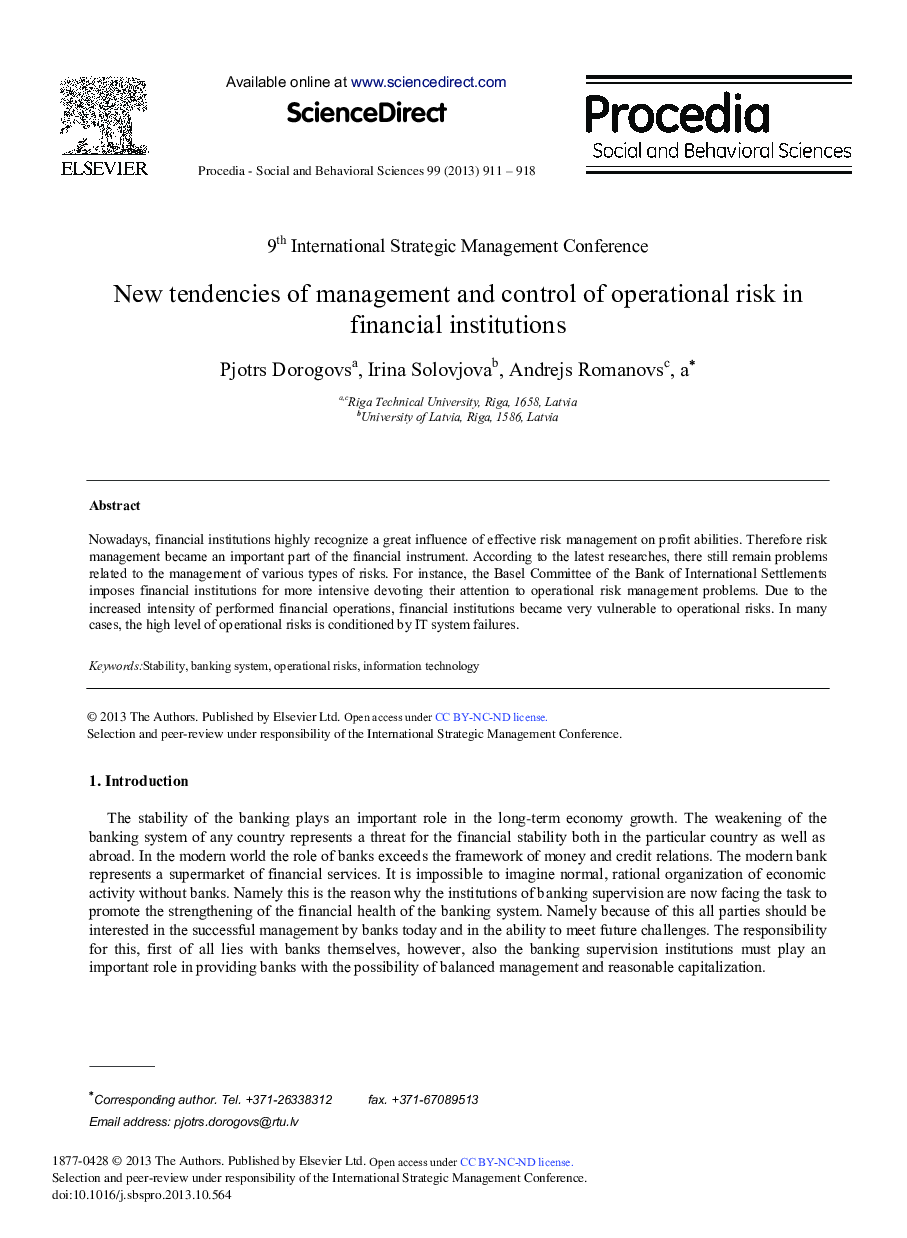 New Tendencies of Management and Control of Operational Risk in Financial Institutions 