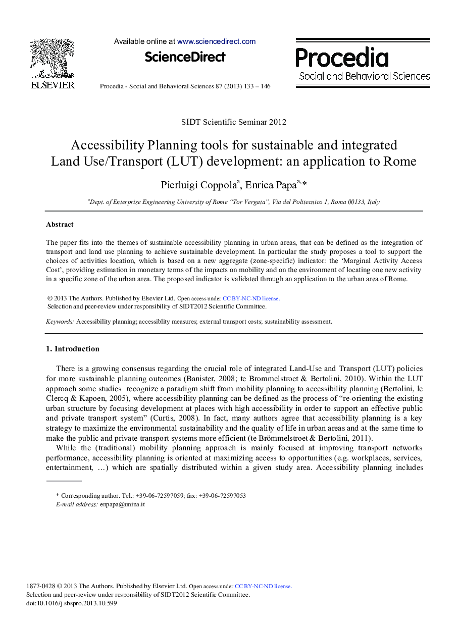 Accessibility Planning Tools for Sustainable and Integrated Land Use/Transport (LUT) Development: An Application to Rome 