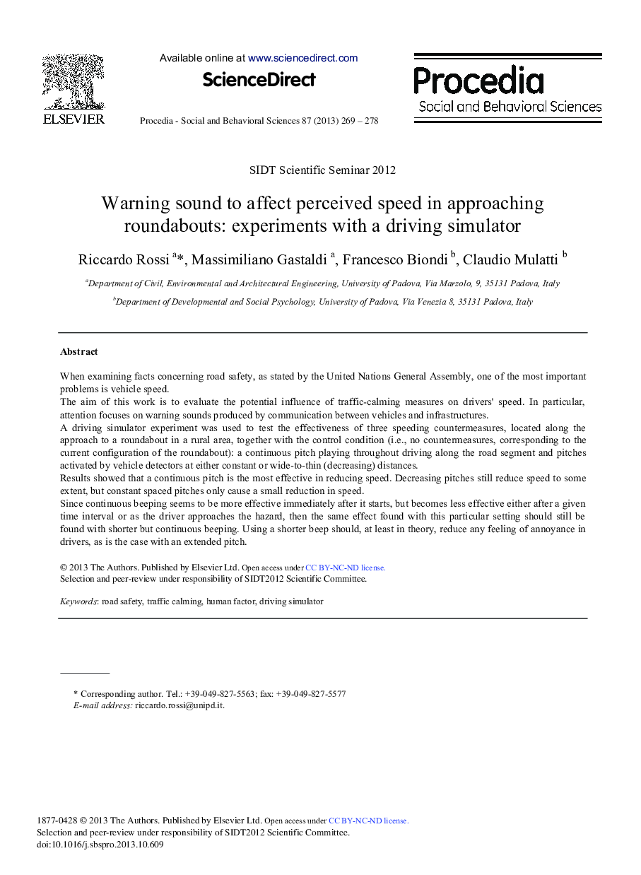 Warning Sound to Affect Perceived Speed in Approaching Roundabouts: Experiments with a Driving Simulator 