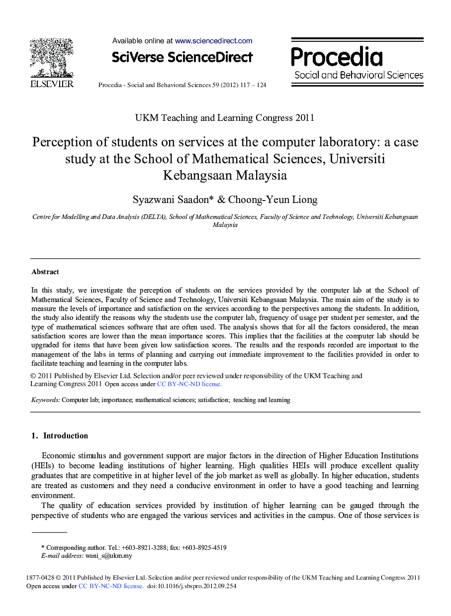 Perception of Students on Services at the Computer Laboratory: A Case Study at the School of Mathematical Sciences, Universiti Kebangsaan Malaysia