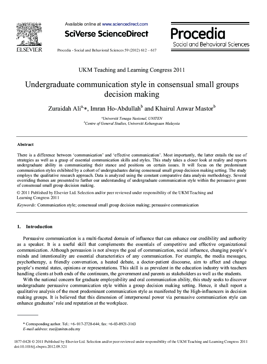 Undergraduate Communication Style in Consensual Small Groups Decision Making