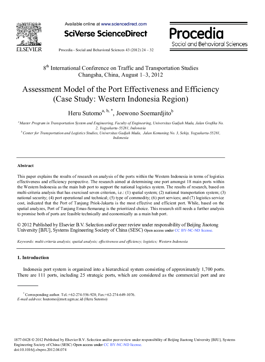 Assessment Model of the Port Effectiveness and Efficiency (Case Study: Western Indonesia Region)