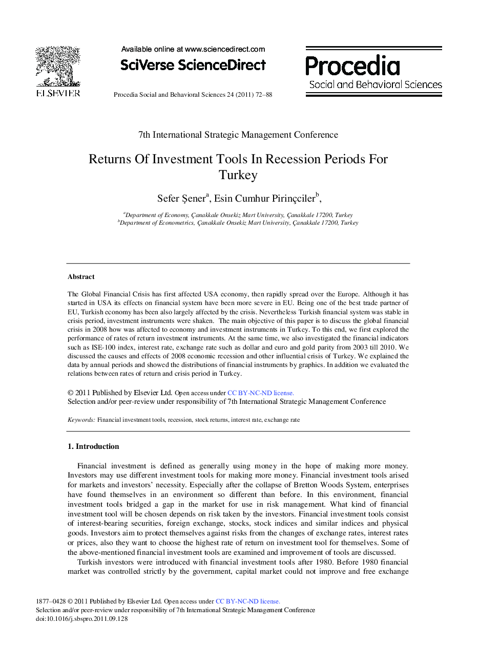 Returns Of Investment Tools In Recession Periods For Turkey