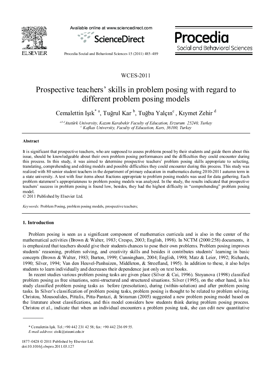 Prospective teachers' skills in problem posing with regard to different problem posing models
