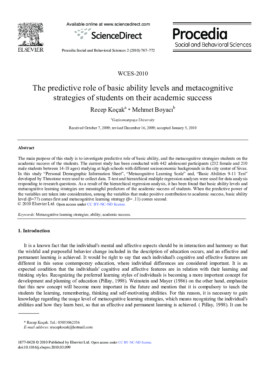 The predictive role of basic ability levels and metacognitive strategies of students on their academic success