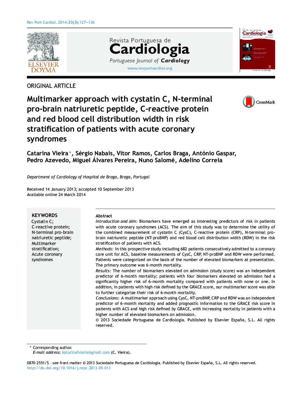 Multimarker approach with cystatin C, N-terminal pro-brain natriuretic peptide, C-reactive protein and red blood cell distribution width in risk stratification of patients with acute coronary syndromes