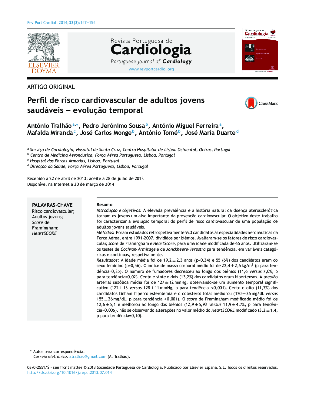 Perfil de risco cardiovascular de adultos jovens saudáveis – evolução temporal