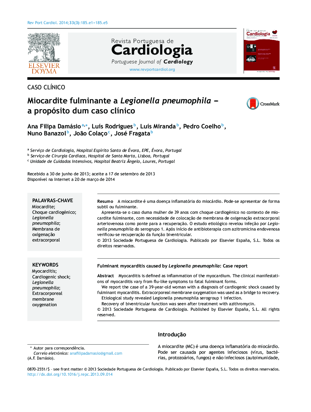 Miocardite fulminante a Legionella pneumophila - a propósito dum caso clÃ­nico