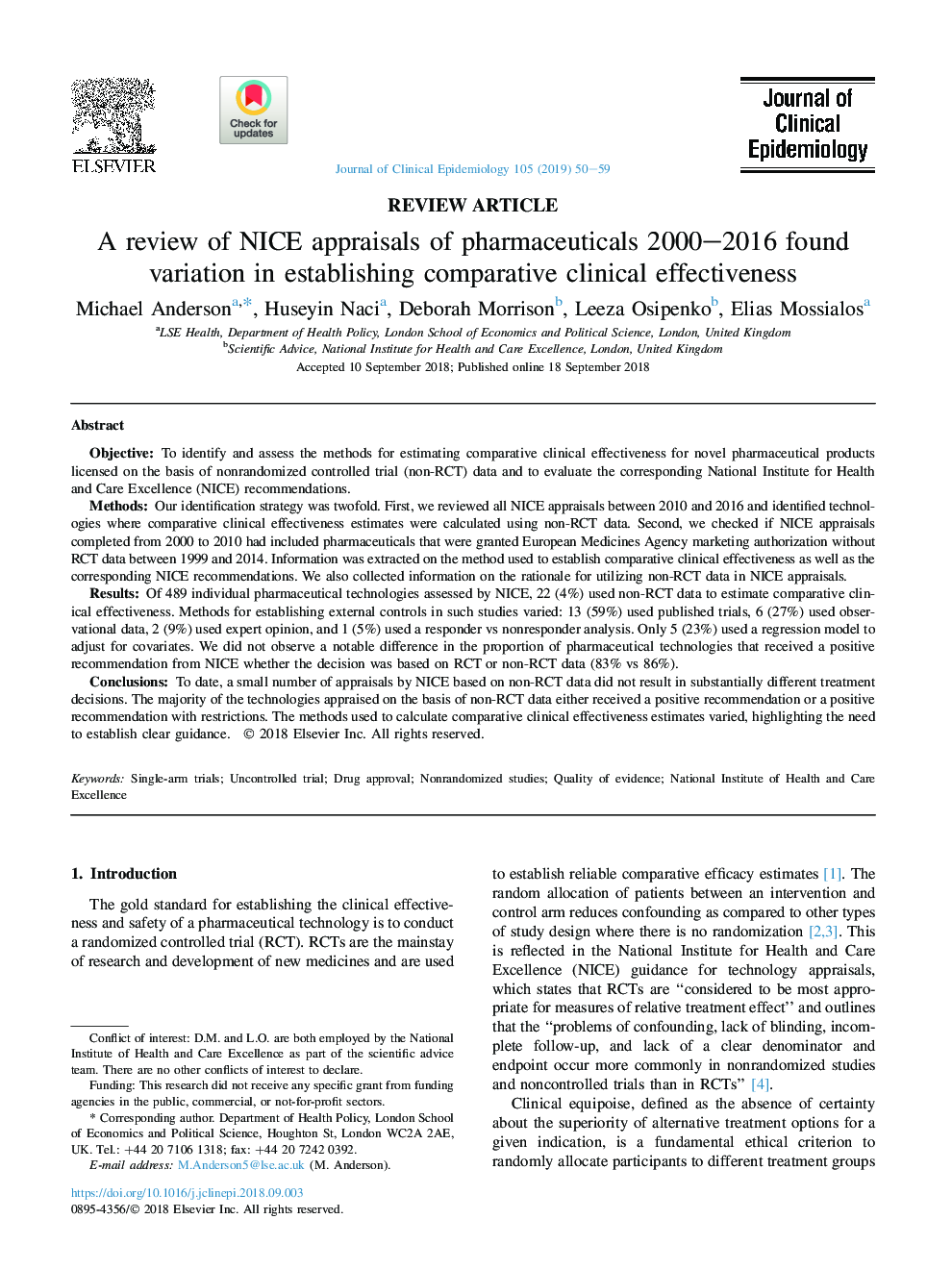 A review of NICE appraisals of pharmaceuticals 2000-2016 found variation in establishing comparative clinical effectiveness