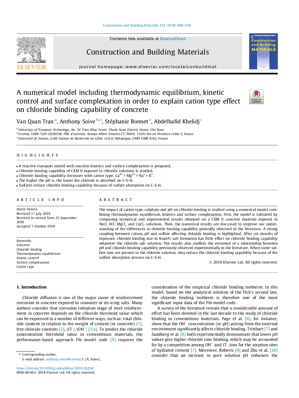 یک مدل عددی از جمله تعادل ترمودینامیکی، کنترل جنبشی و کمپلکس سطح به منظور توضیح اثر نوع کاتیون در کلرید اتصال قابلیت بتن