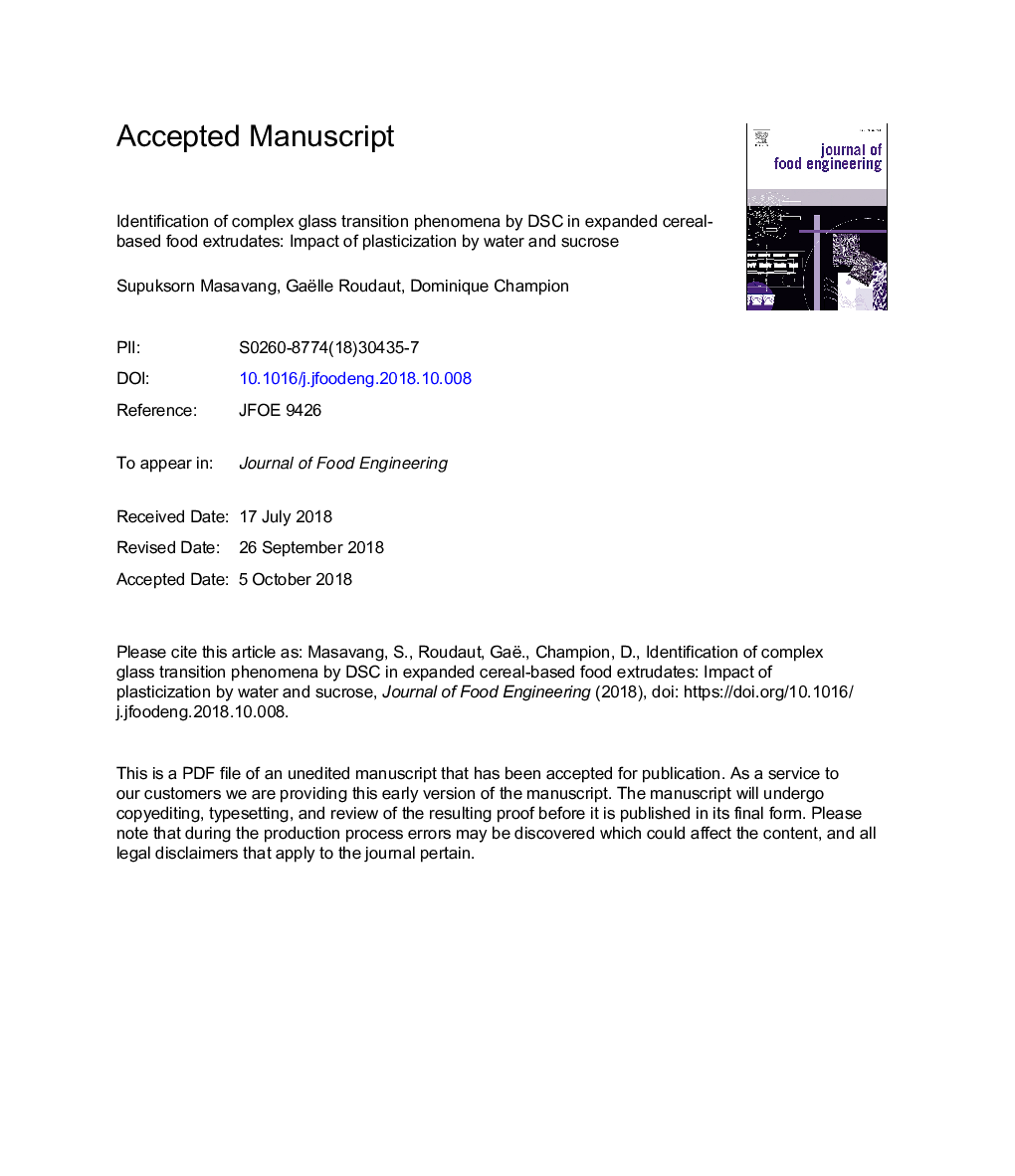 Identification of complex glass transition phenomena by DSC in expanded cereal-based food extrudates: Impact of plasticization by water and sucrose