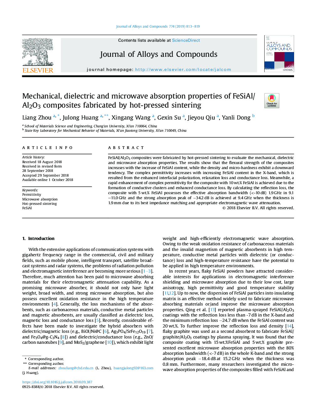 Mechanical, dielectric and microwave absorption properties of FeSiAl/Al2O3 composites fabricated by hot-pressed sintering