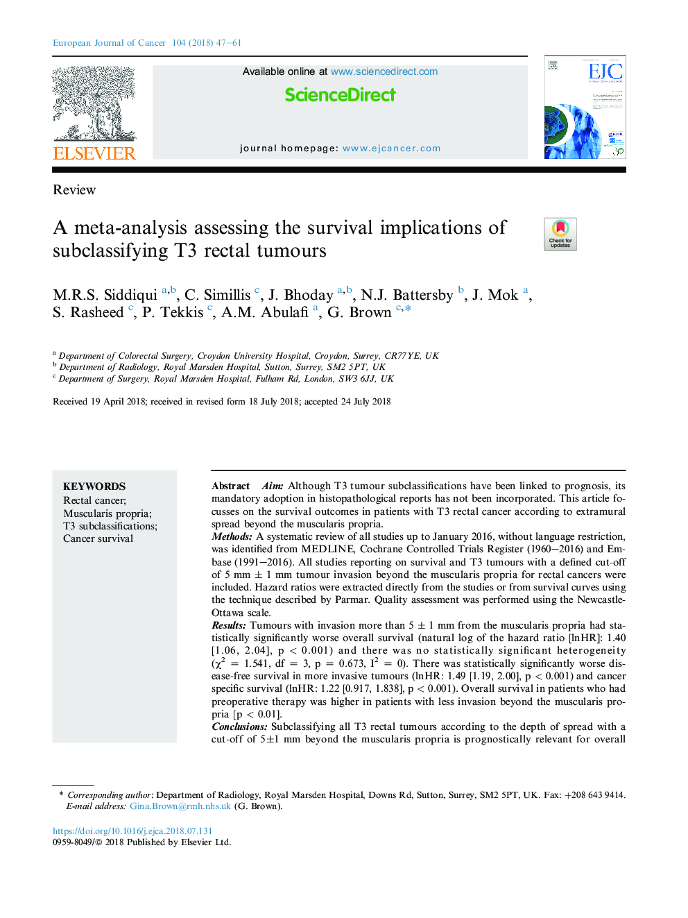 A meta-analysis assessing the survival implications of subclassifying T3 rectal tumours
