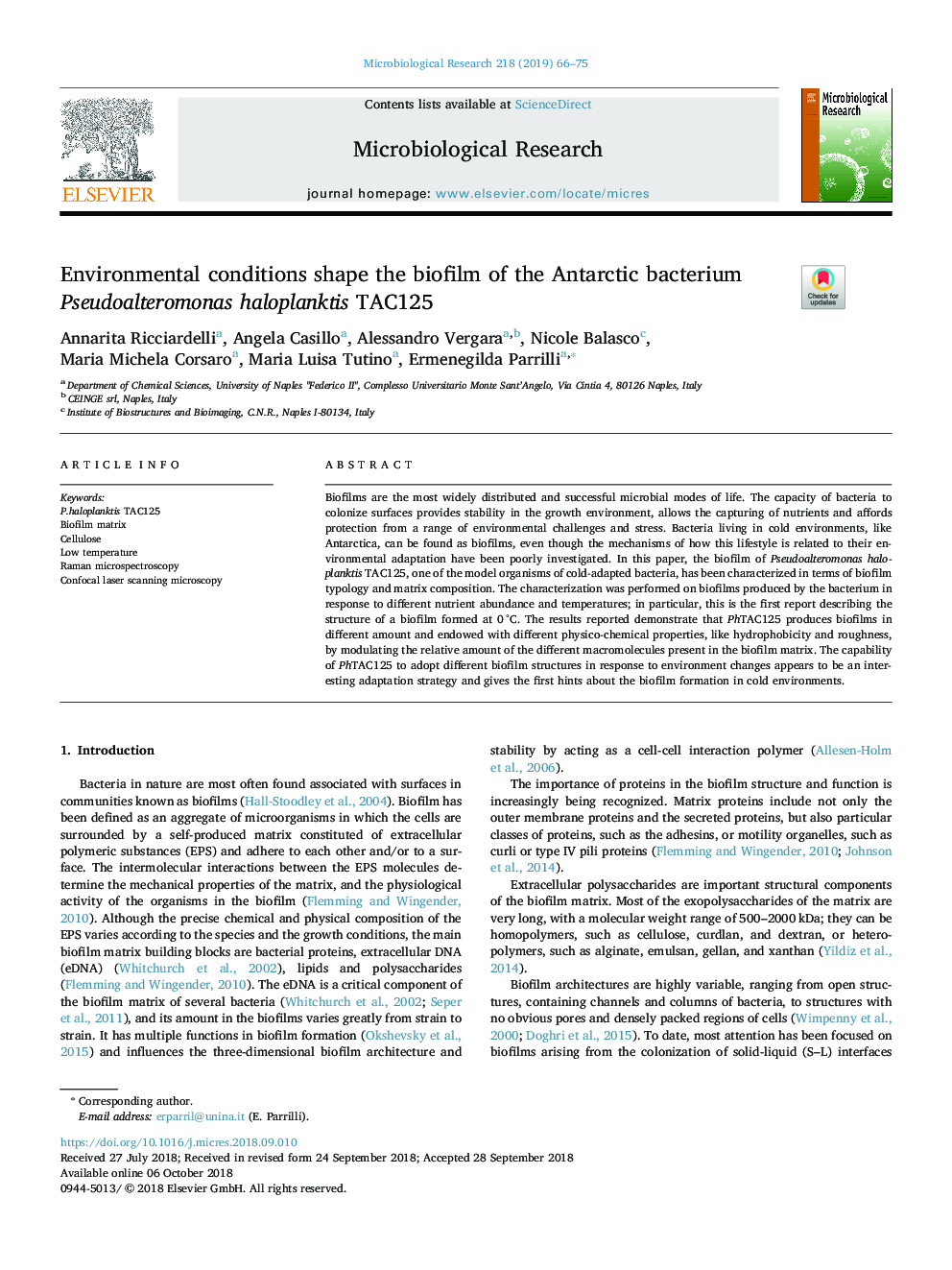 Environmental conditions shape the biofilm of the Antarctic bacterium Pseudoalteromonas haloplanktis TAC125