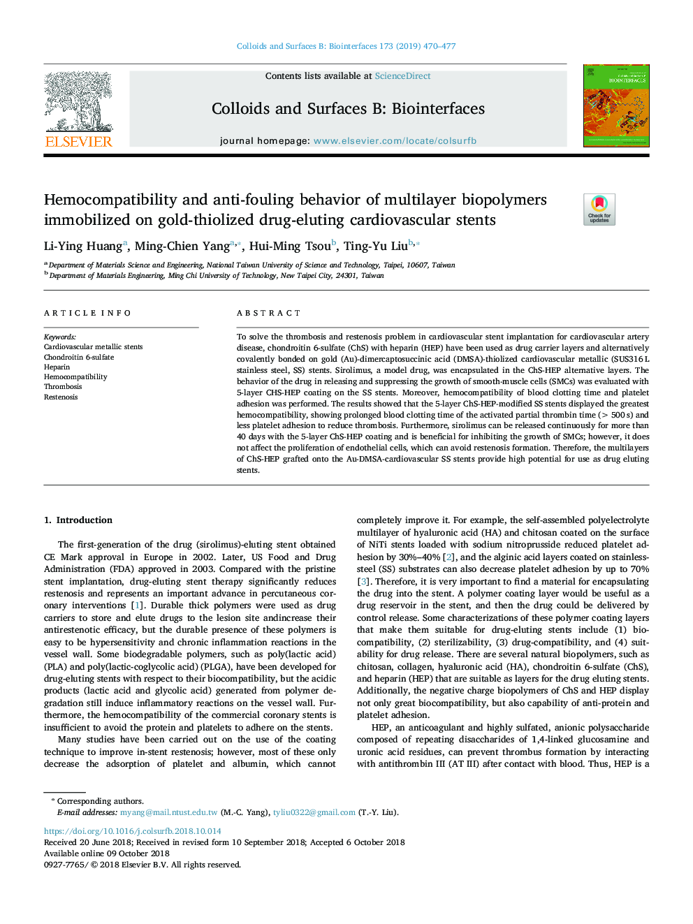 Hemocompatibility and anti-fouling behavior of multilayer biopolymers immobilized on gold-thiolized drug-eluting cardiovascular stents