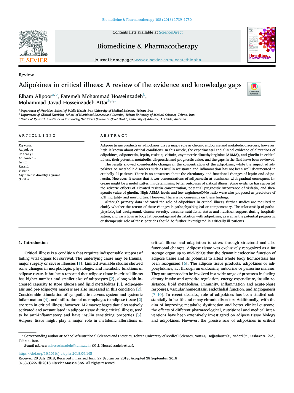 Adipokines in critical illness: A review of the evidence and knowledge gaps