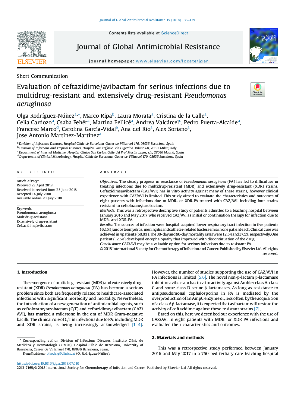 Evaluation of ceftazidime/avibactam for serious infections due to multidrug-resistant and extensively drug-resistant Pseudomonas aeruginosa