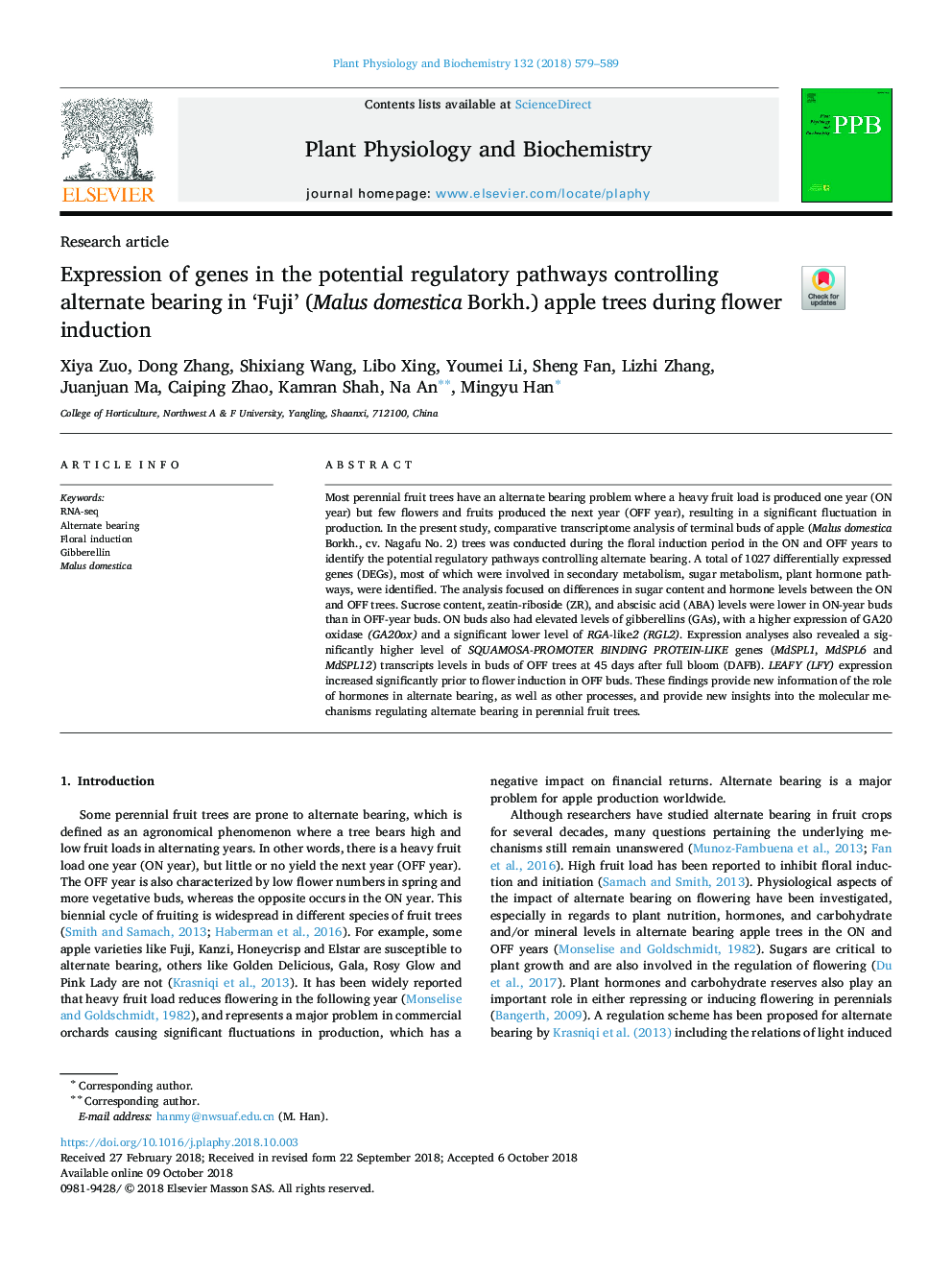 Expression of genes in the potential regulatory pathways controlling alternate bearing in 'Fuji' (Malus domestica Borkh.) apple trees during flower induction