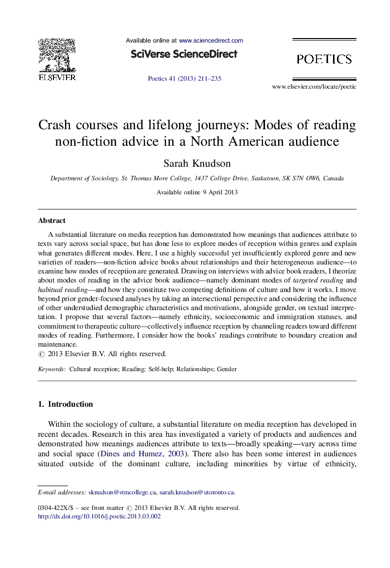 Crash courses and lifelong journeys: Modes of reading non-fiction advice in a North American audience