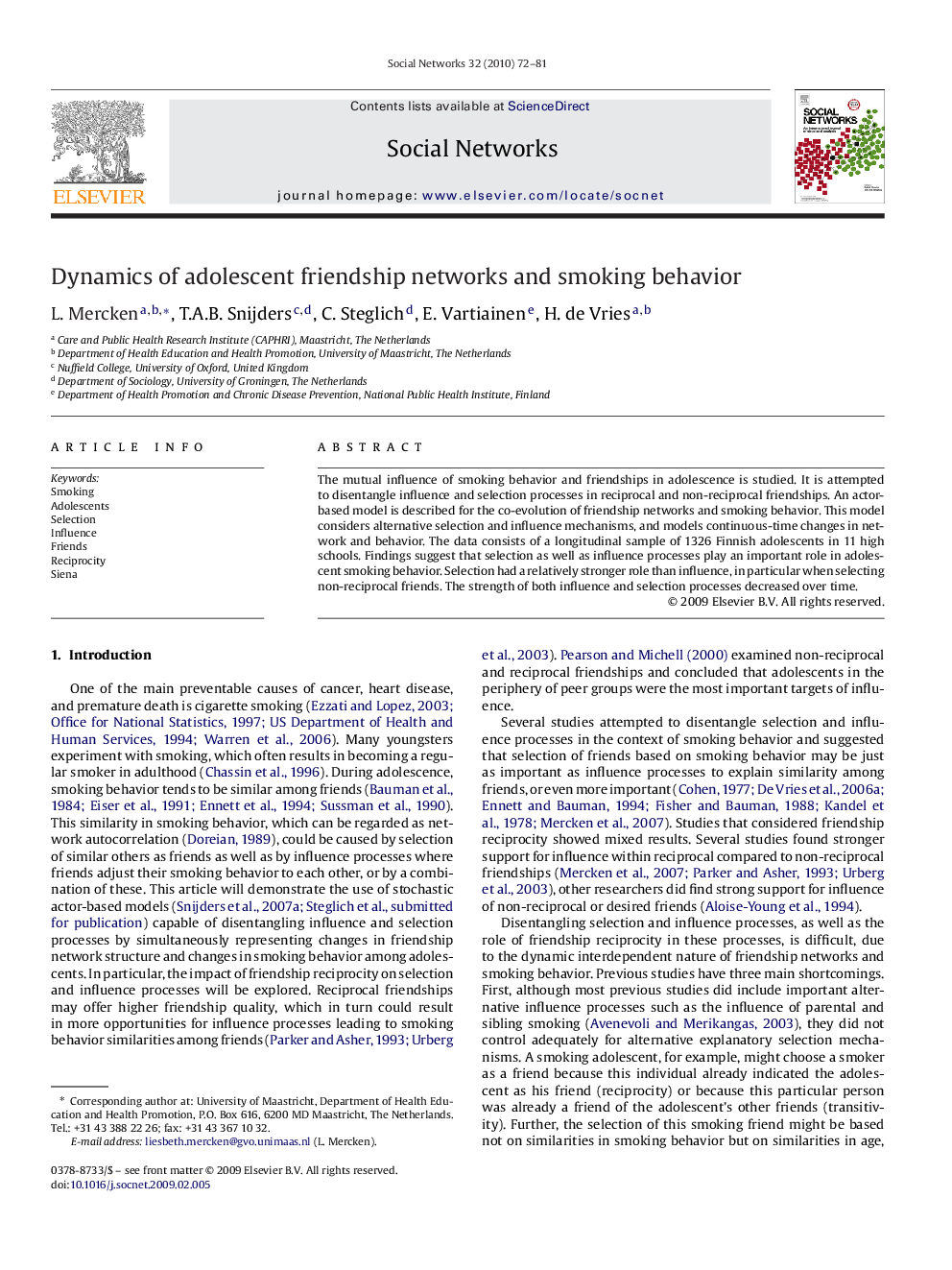 Dynamics of adolescent friendship networks and smoking behavior