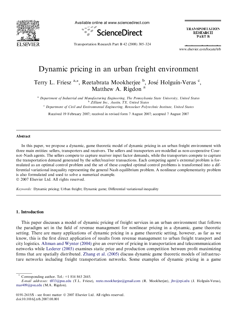 Dynamic pricing in an urban freight environment