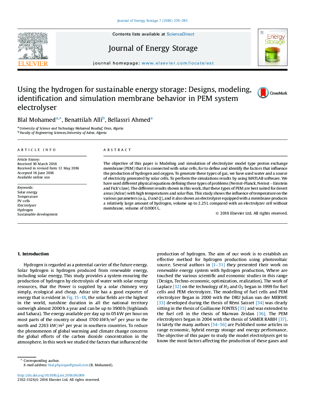 استفاده از هیدروژن برای ذخیره سازی انرژی پایدار: طراحی، مدل سازی، شناسایی و رفتار غشایی شبیه سازی در electrolyser سیستم PEM 