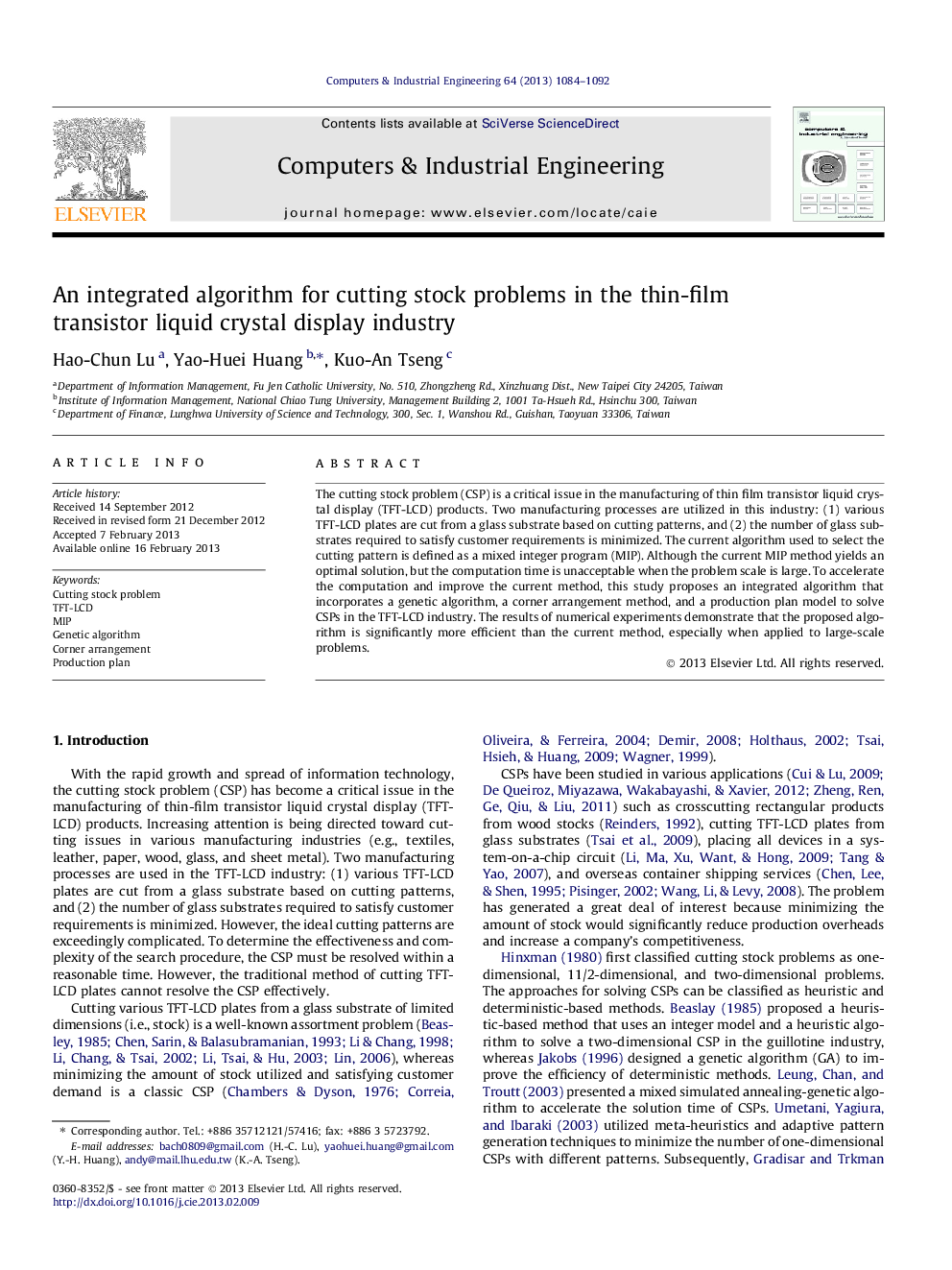 An integrated algorithm for cutting stock problems in the thin-film transistor liquid crystal display industry