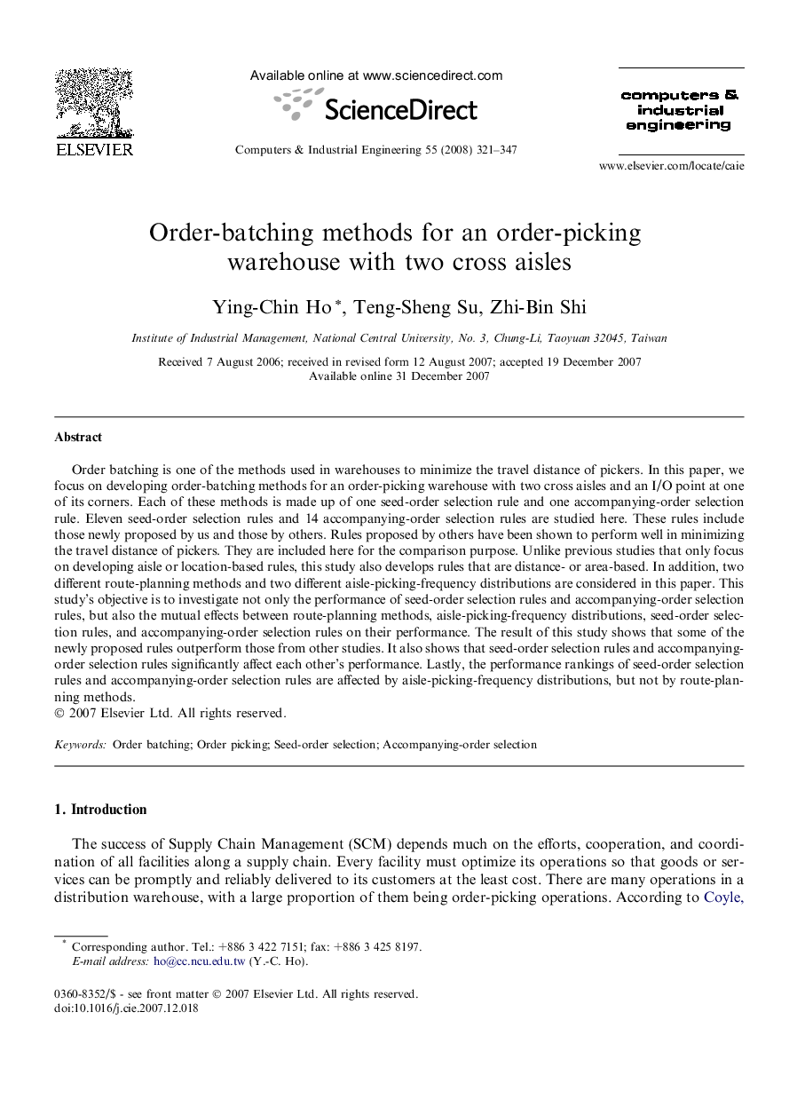 Order-batching methods for an order-picking warehouse with two cross aisles