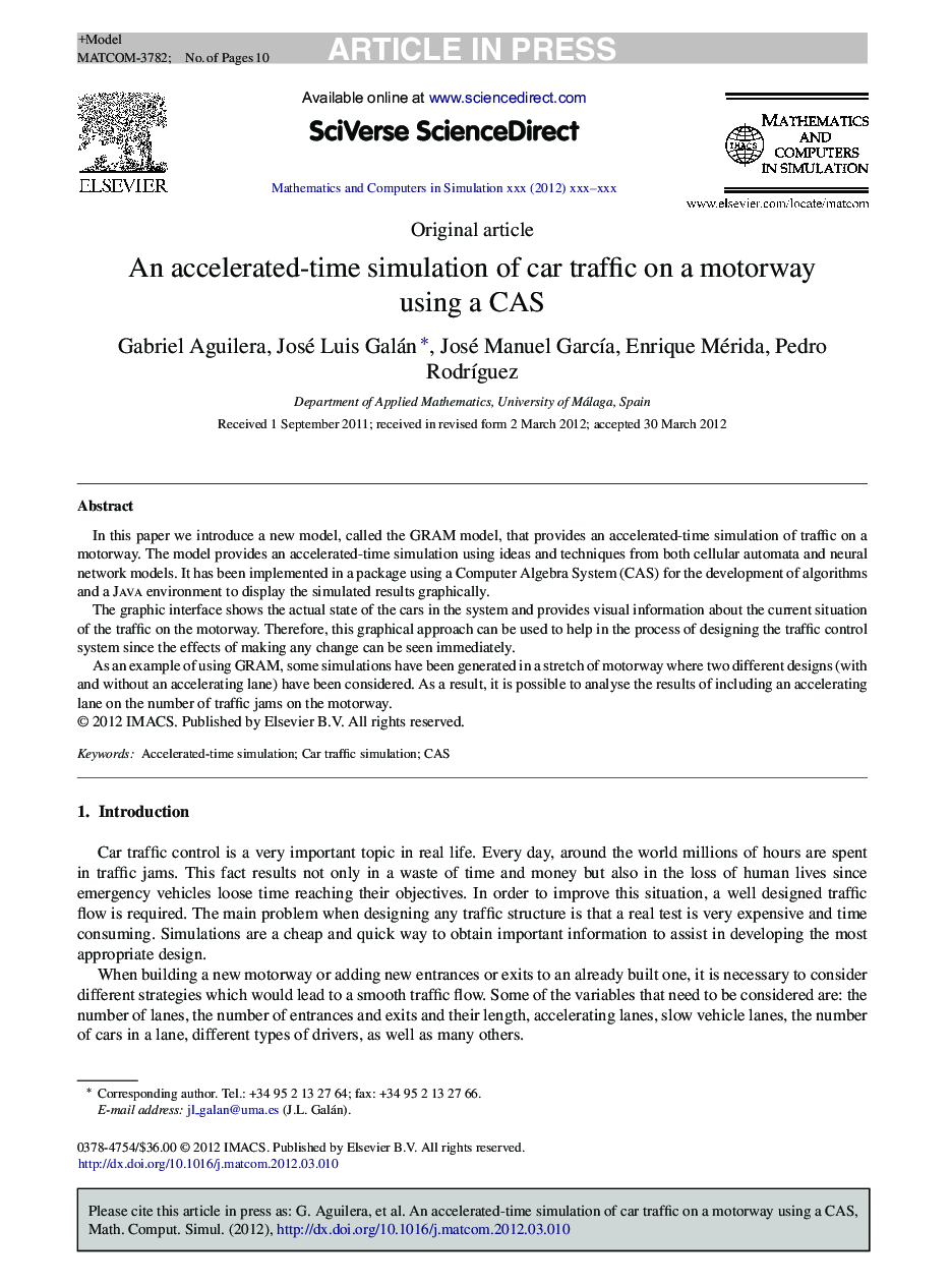 An accelerated-time simulation of car traffic on a motorway using a CAS