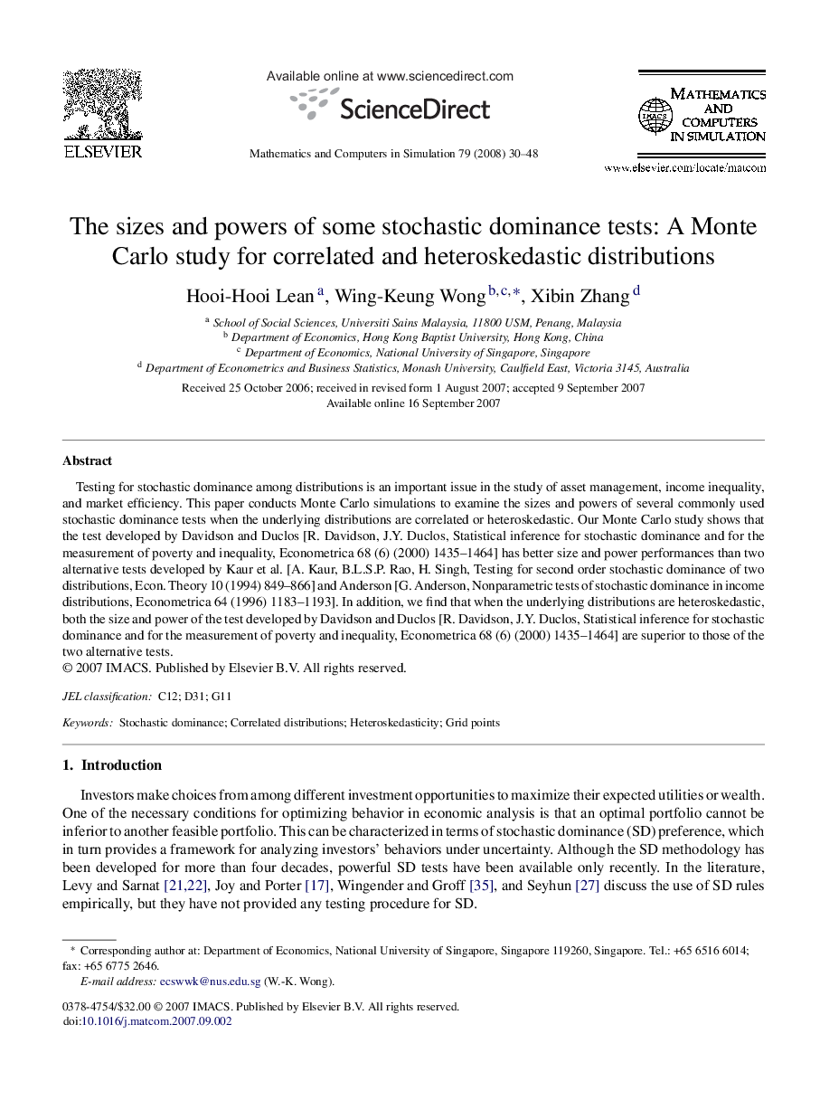 The sizes and powers of some stochastic dominance tests: A Monte Carlo study for correlated and heteroskedastic distributions