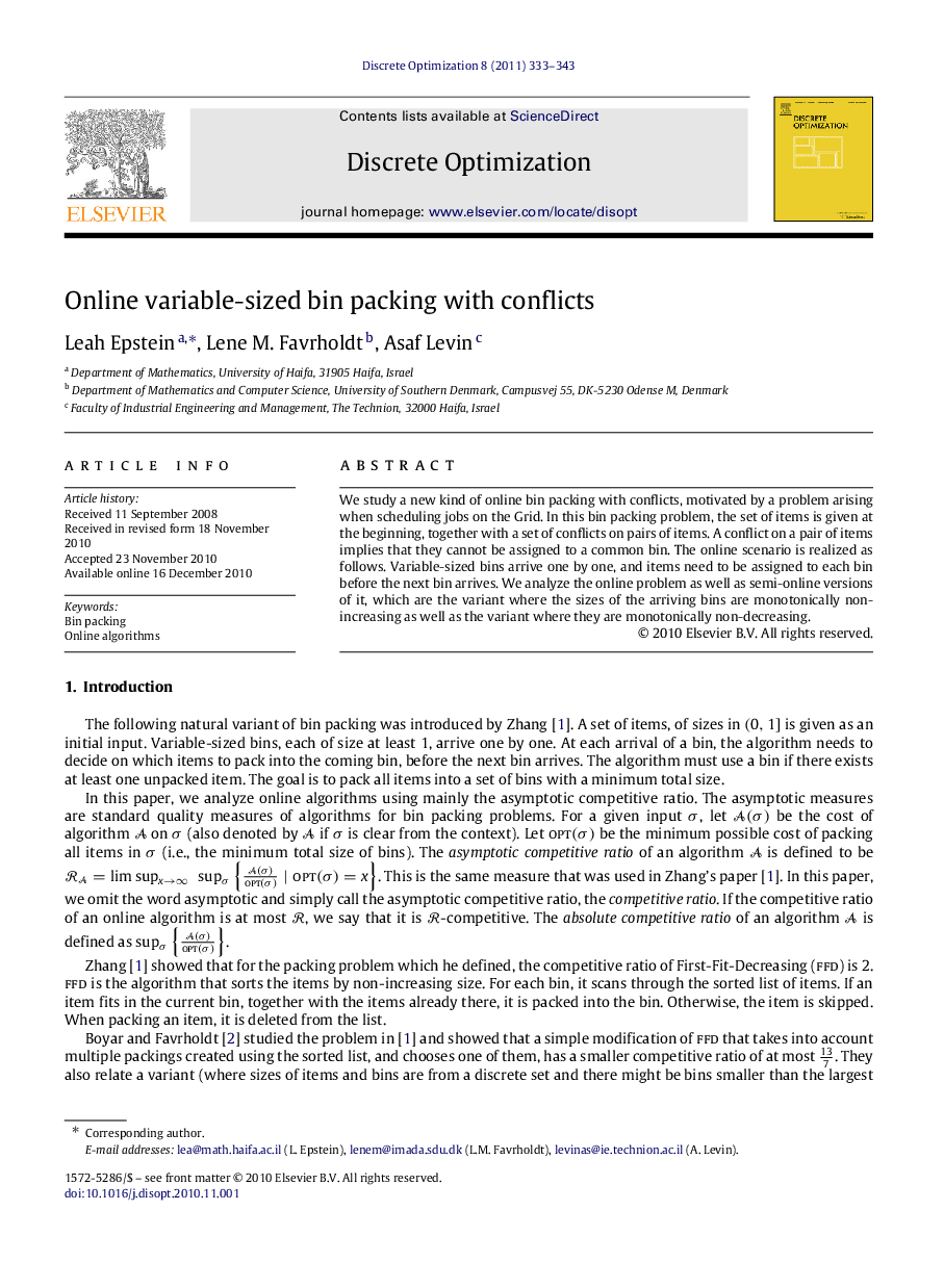 Online variable-sized bin packing with conflicts