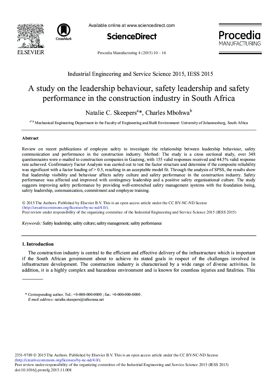 A Study on the Leadership Behaviour, Safety Leadership and Safety Performance in the Construction Industry in South Africa 
