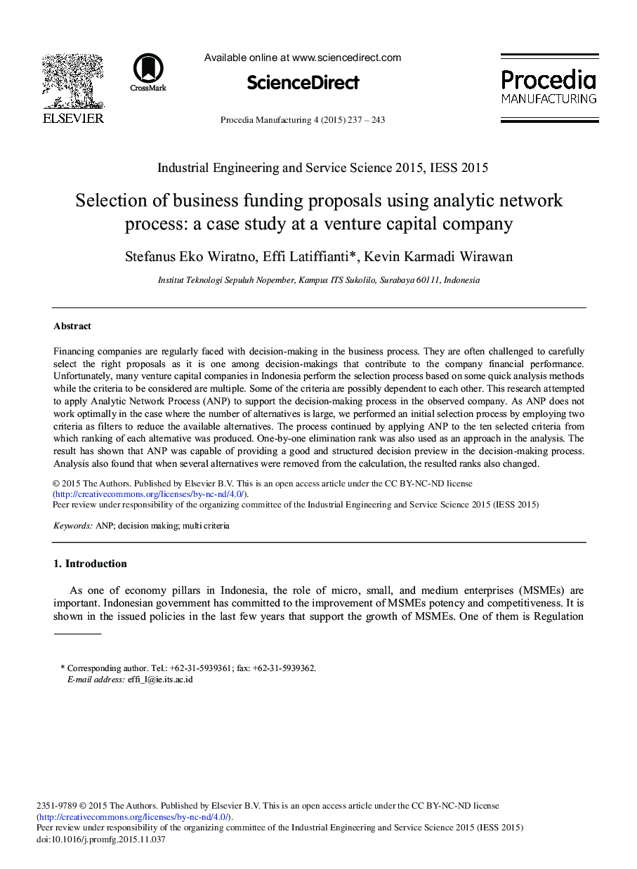 Selection of Business Funding Proposals Using Analytic Network Process: A Case Study at a Venture Capital Company 