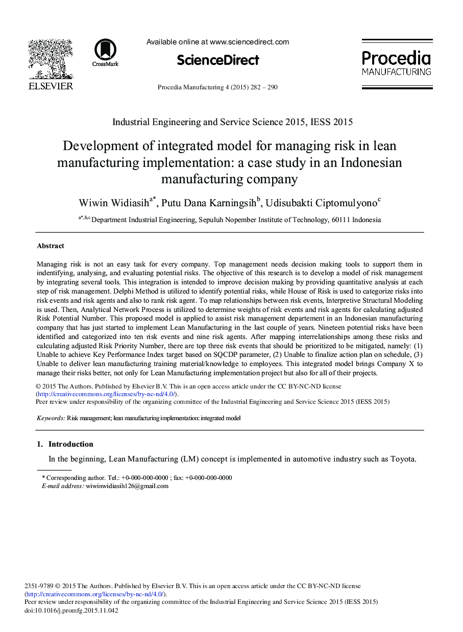 Development of Integrated Model for Managing Risk in Lean Manufacturing Implementation: A Case Study in an Indonesian Manufacturing Company 
