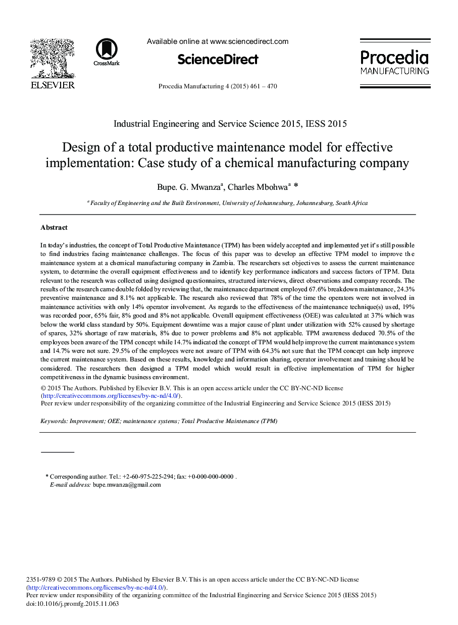 Design of a Total Productive Maintenance Model for Effective Implementation: Case Study of a Chemical Manufacturing Company 