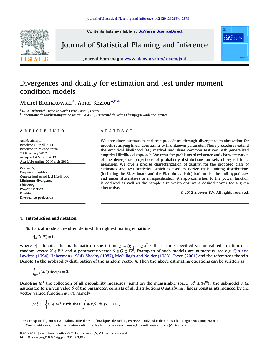 Divergences and duality for estimation and test under moment condition models