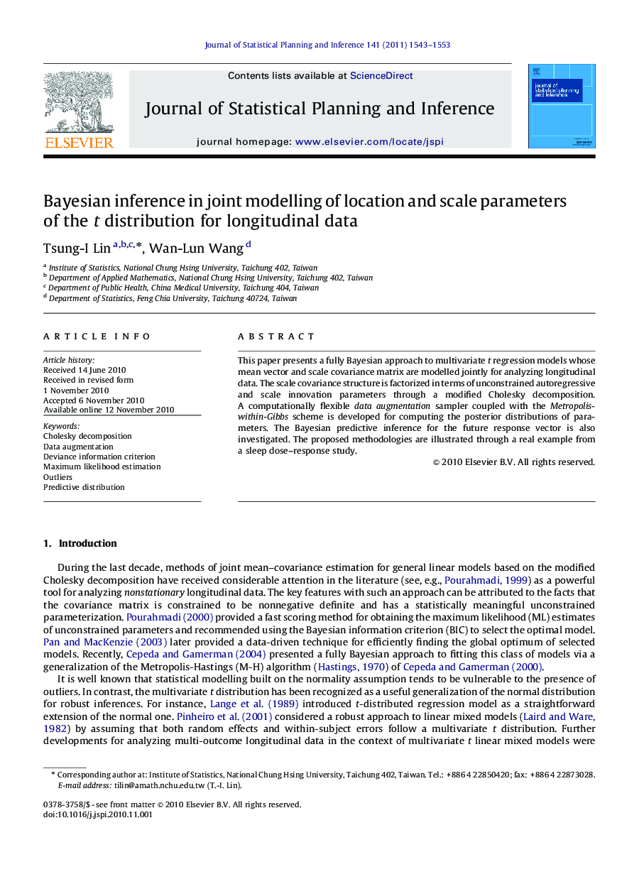 Bayesian inference in joint modelling of location and scale parameters of the t distribution for longitudinal data