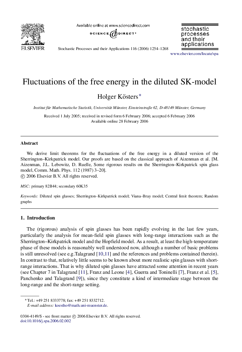 Fluctuations of the free energy in the diluted SK-model