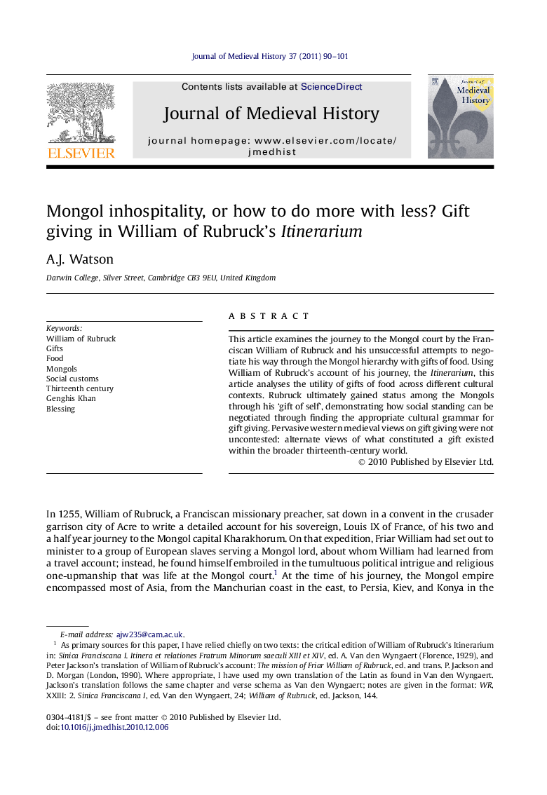 Mongol inhospitality, or how to do more with less? Gift giving in William of Rubruck’s Itinerarium