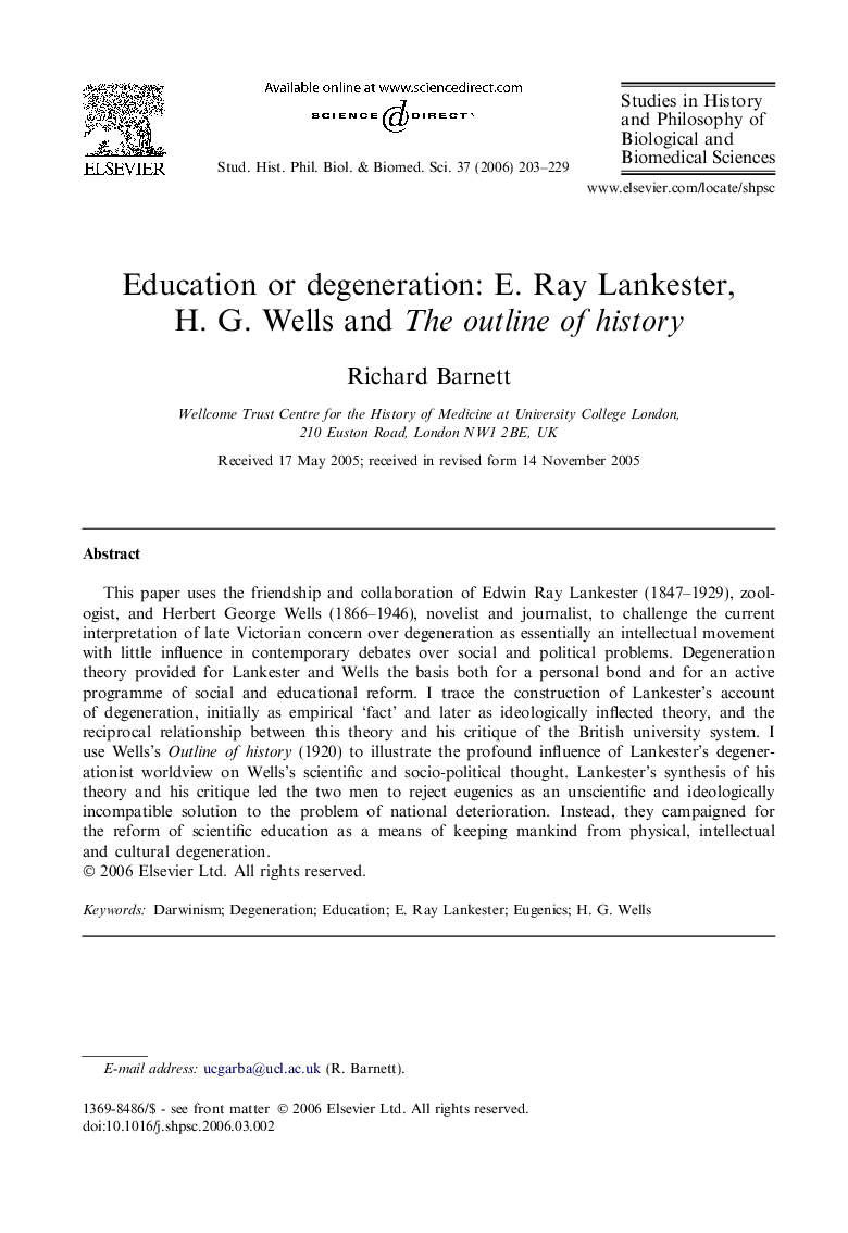 Education or degeneration: E. Ray Lankester, H. G. Wells and The outline of history