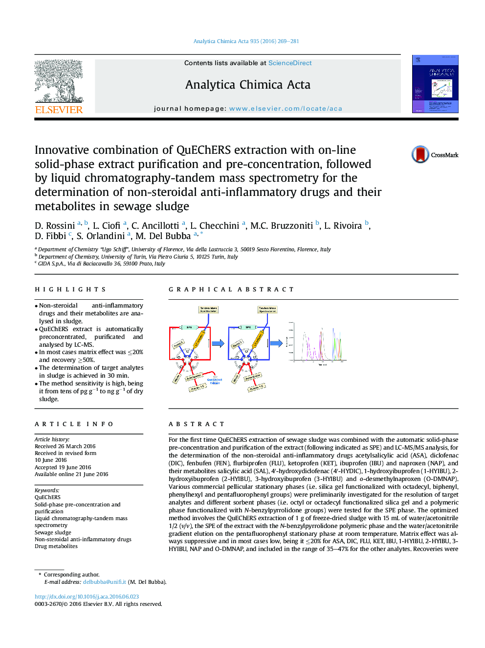 Innovative combination of QuEChERS extraction with on-line solid-phase extract purification and pre-concentration, followed by liquid chromatography-tandem mass spectrometry for the determination of non-steroidal anti-inflammatory drugs and their metaboli