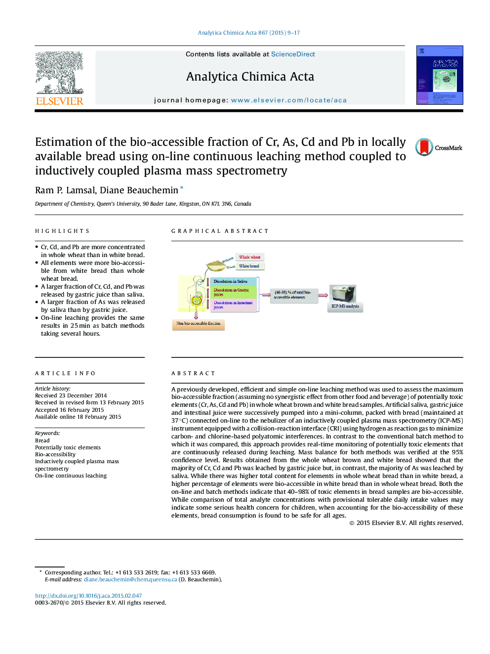 Estimation of the bio-accessible fraction of Cr, As, Cd and Pb in locally available bread using on-line continuous leaching method coupled to inductively coupled plasma mass spectrometry