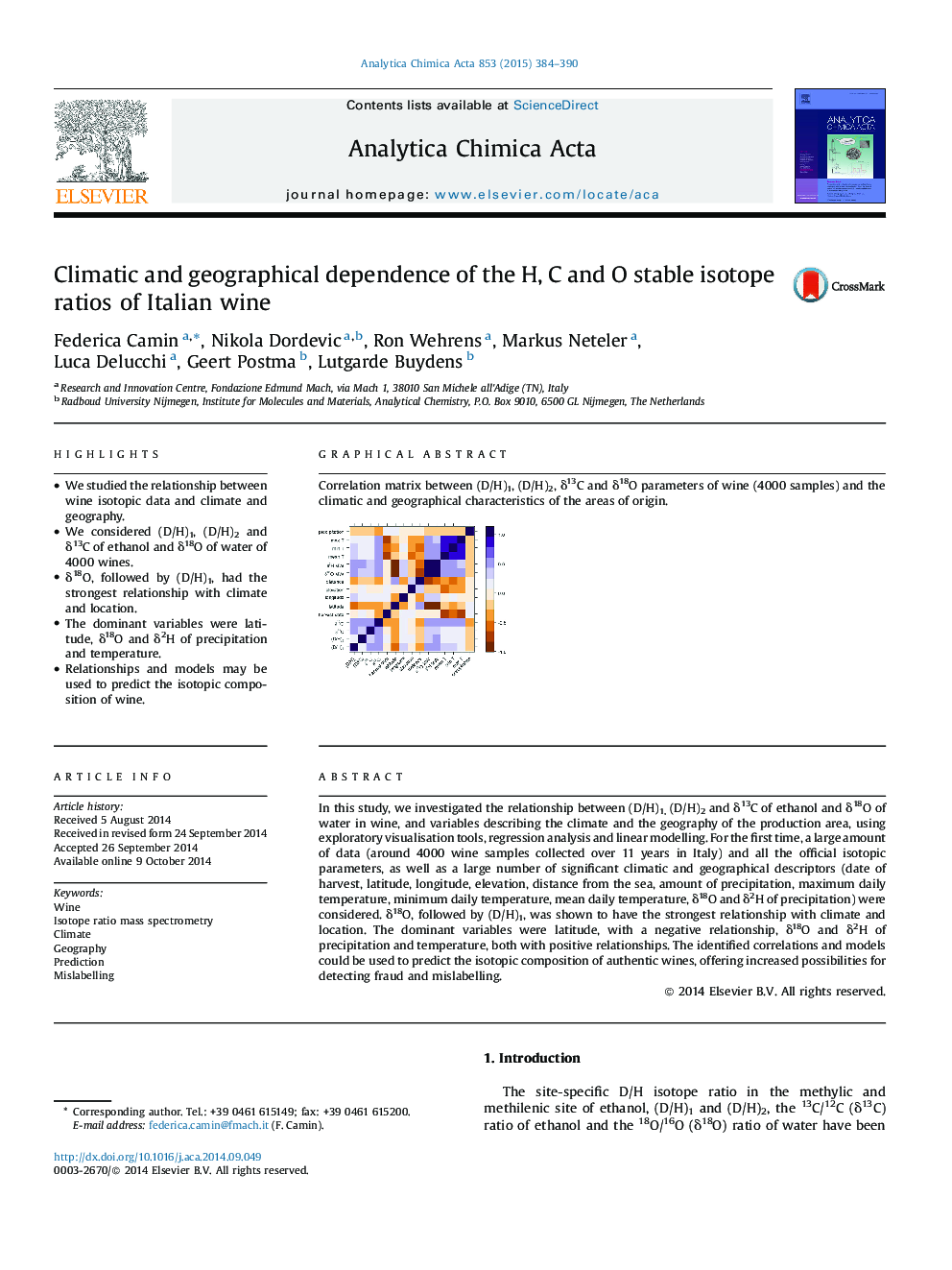 Climatic and geographical dependence of the H, C and O stable isotope ratios of Italian wine