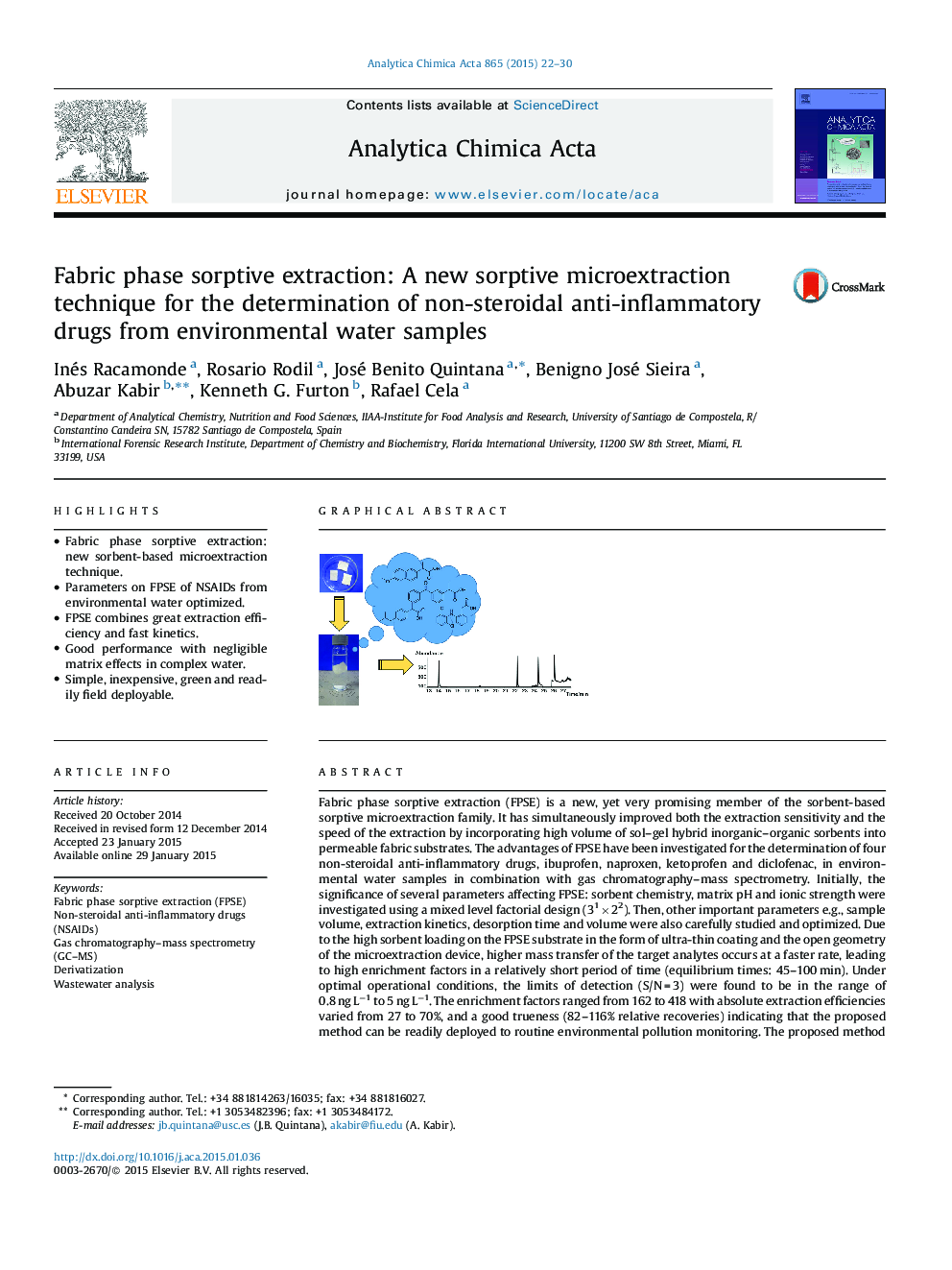 Fabric phase sorptive extraction: A new sorptive microextraction technique for the determination of non-steroidal anti-inflammatory drugs from environmental water samples