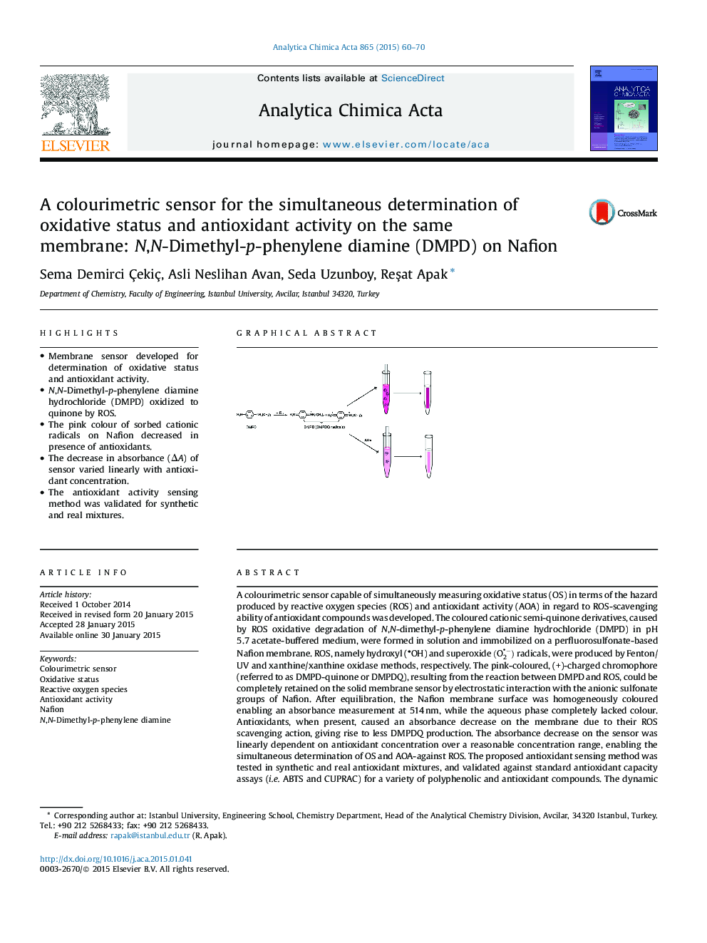 A colourimetric sensor for the simultaneous determination of oxidative status and antioxidant activity on the same membrane: N,N-Dimethyl-p-phenylene diamine (DMPD) on Nafion