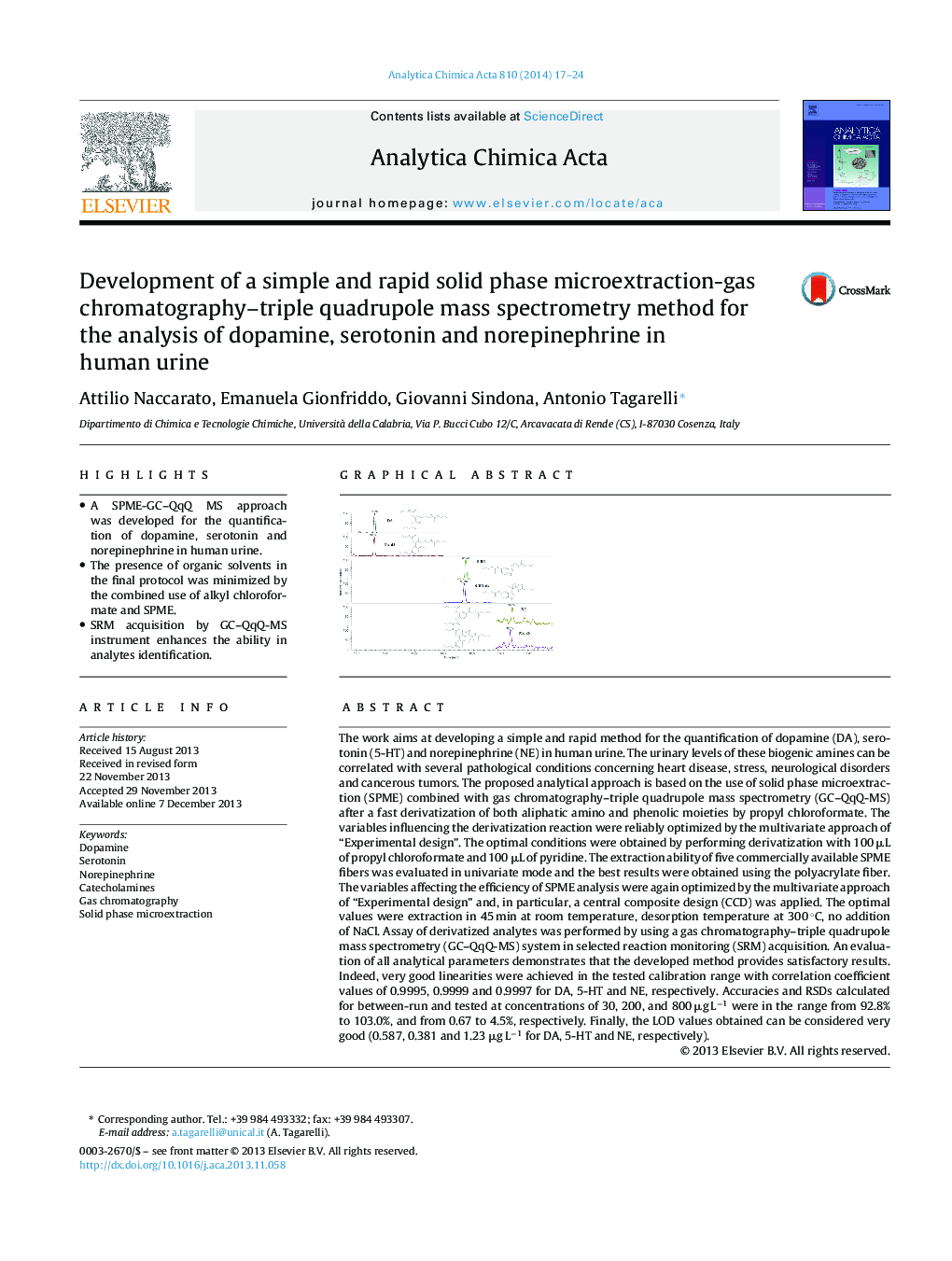 Development of a simple and rapid solid phase microextraction-gas chromatography–triple quadrupole mass spectrometry method for the analysis of dopamine, serotonin and norepinephrine in human urine