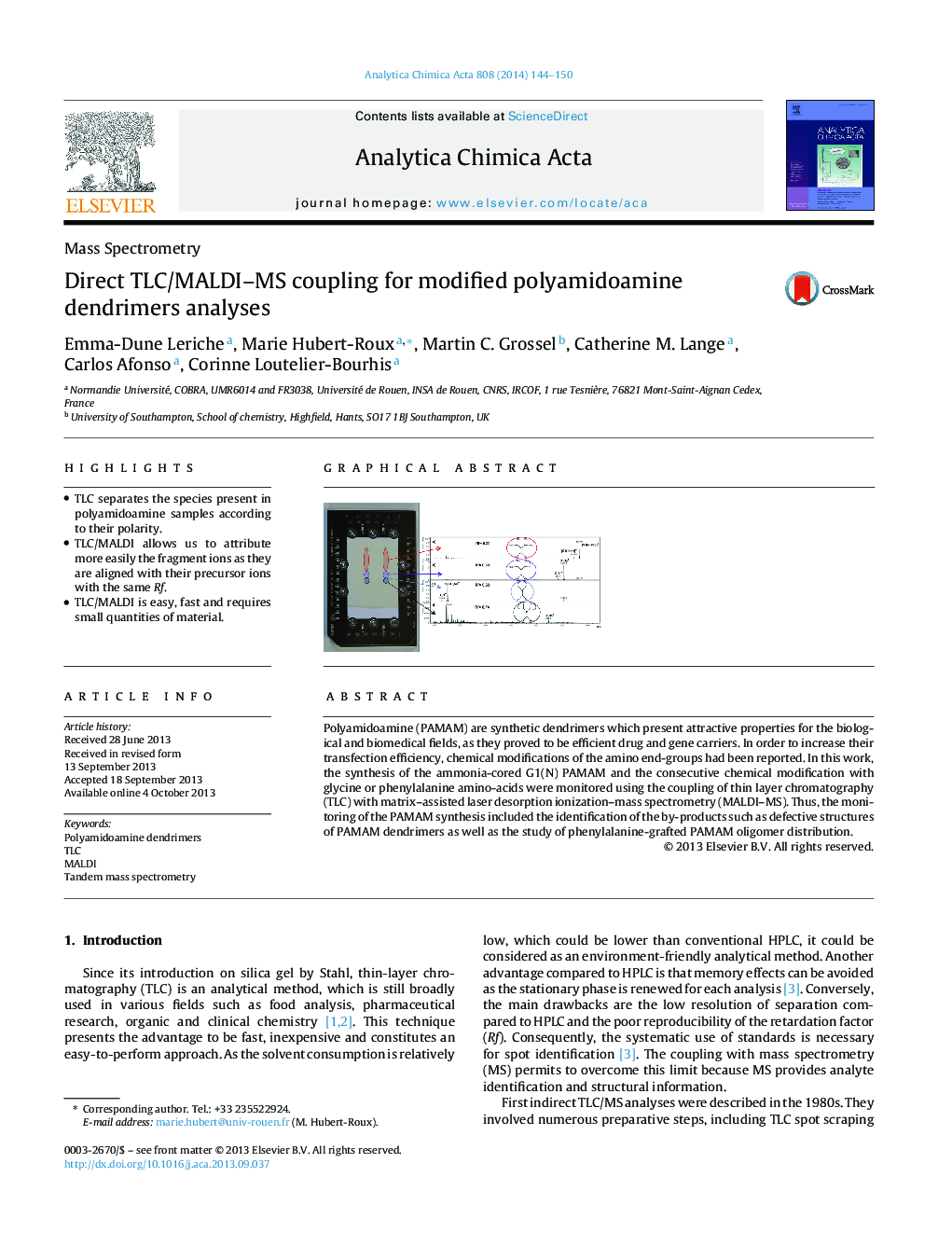 Direct TLC/MALDI–MS coupling for modified polyamidoamine dendrimers analyses