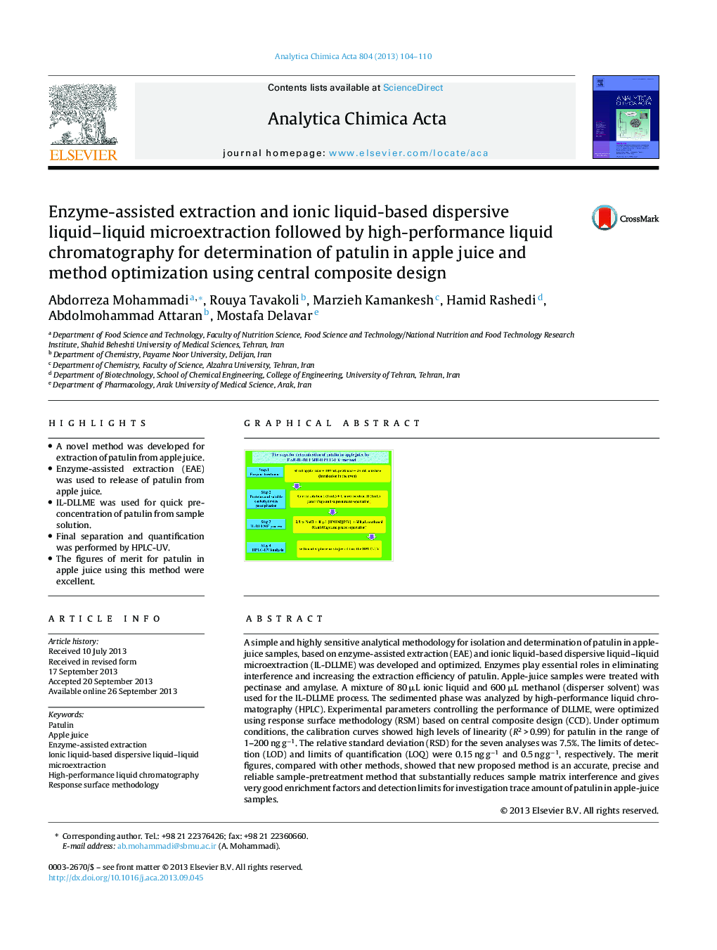 Enzyme-assisted extraction and ionic liquid-based dispersive liquid–liquid microextraction followed by high-performance liquid chromatography for determination of patulin in apple juice and method optimization using central composite design