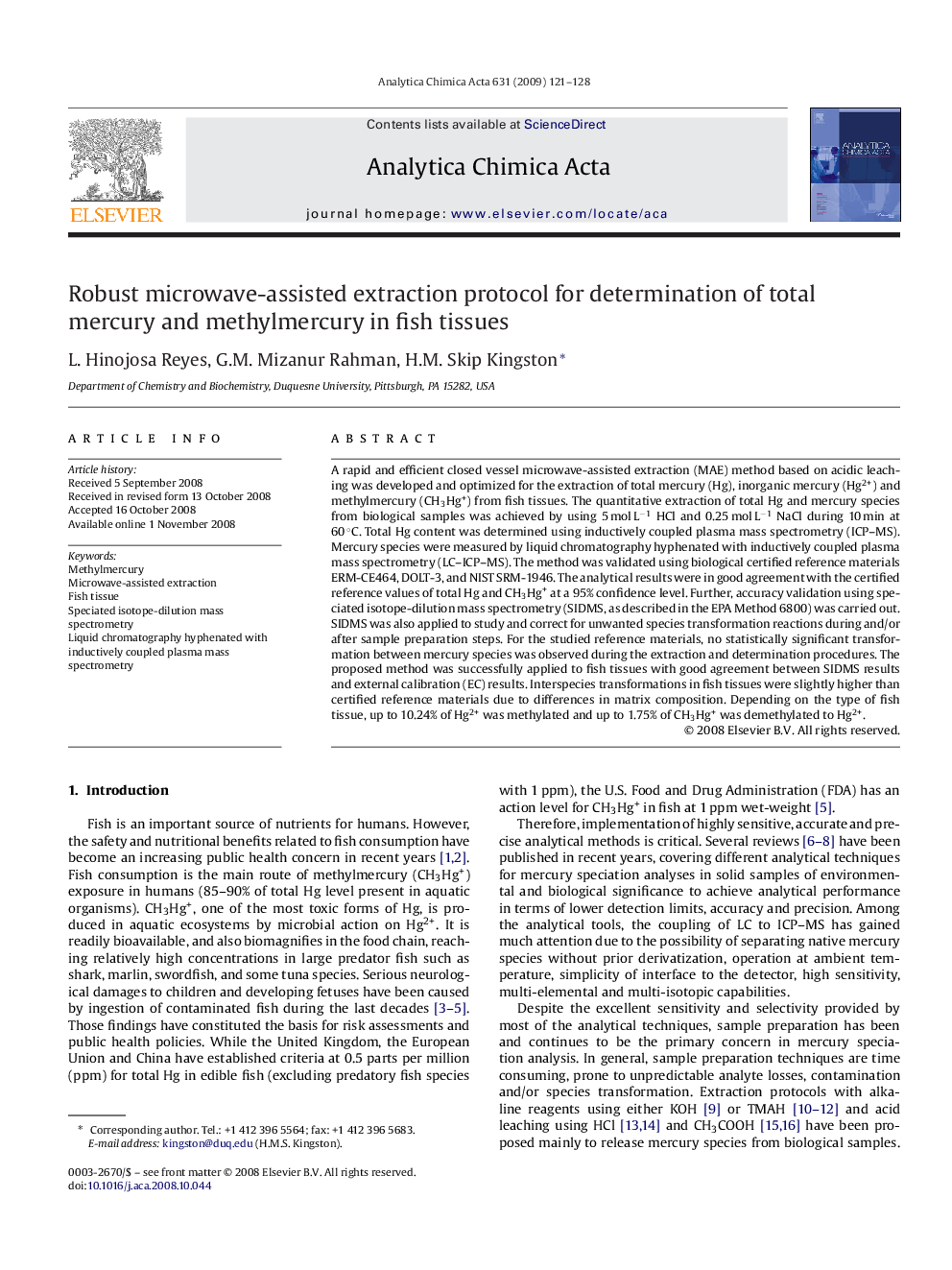 Robust microwave-assisted extraction protocol for determination of total mercury and methylmercury in fish tissues